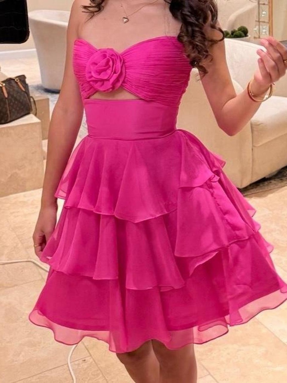 Sherri Hill Fuchsia Strapless Sweetheart Ruffle Cocktail Dress